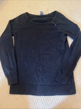 LOFT Black Button-Accent Long Sleeve Knit Top 100% Cotton Sweater XS